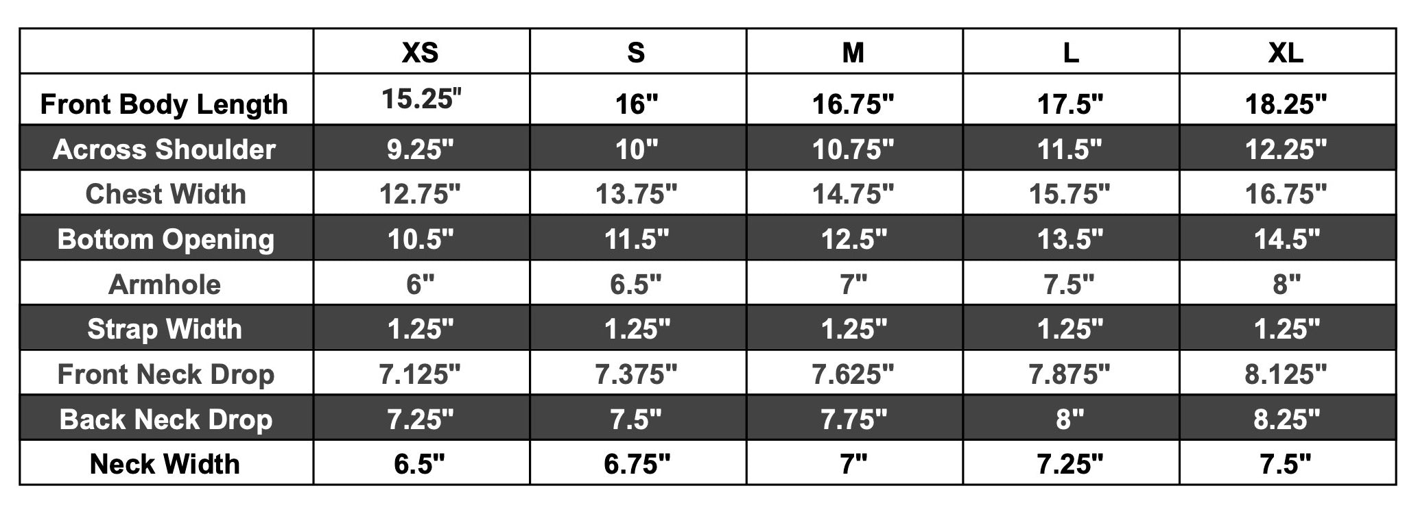 camille bralette tank size chart