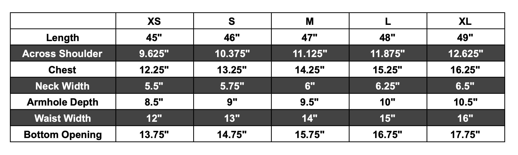 Gia 3D knit dress size chart