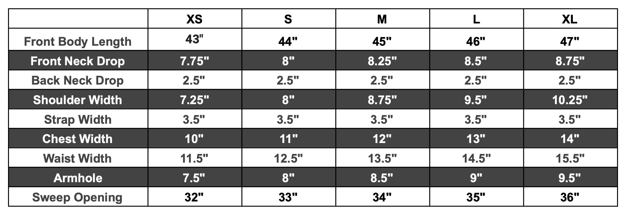 kendall long dress size chart