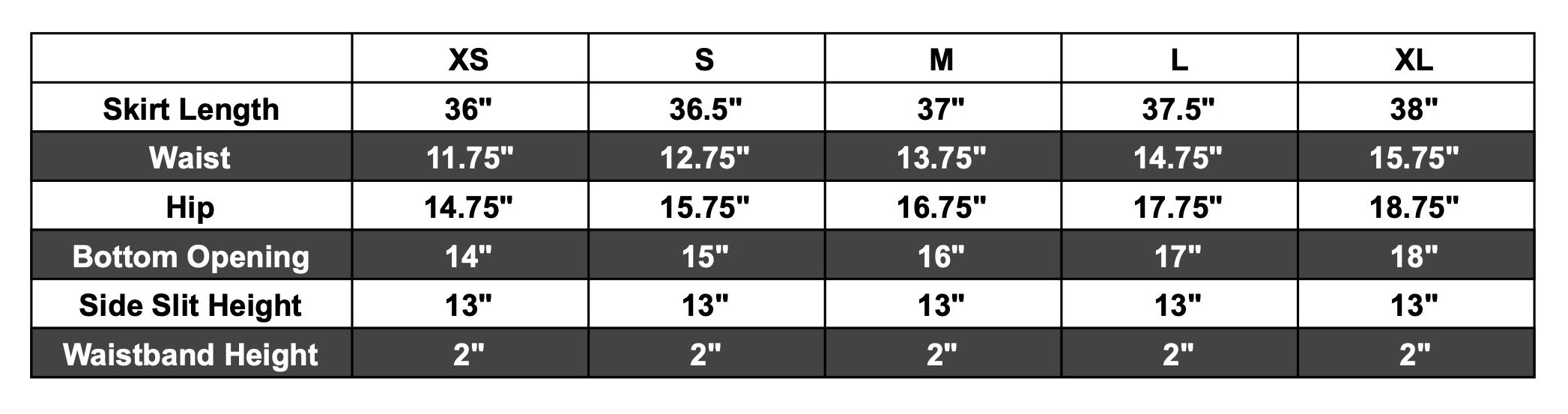 sydney eco viscose skirt size chart