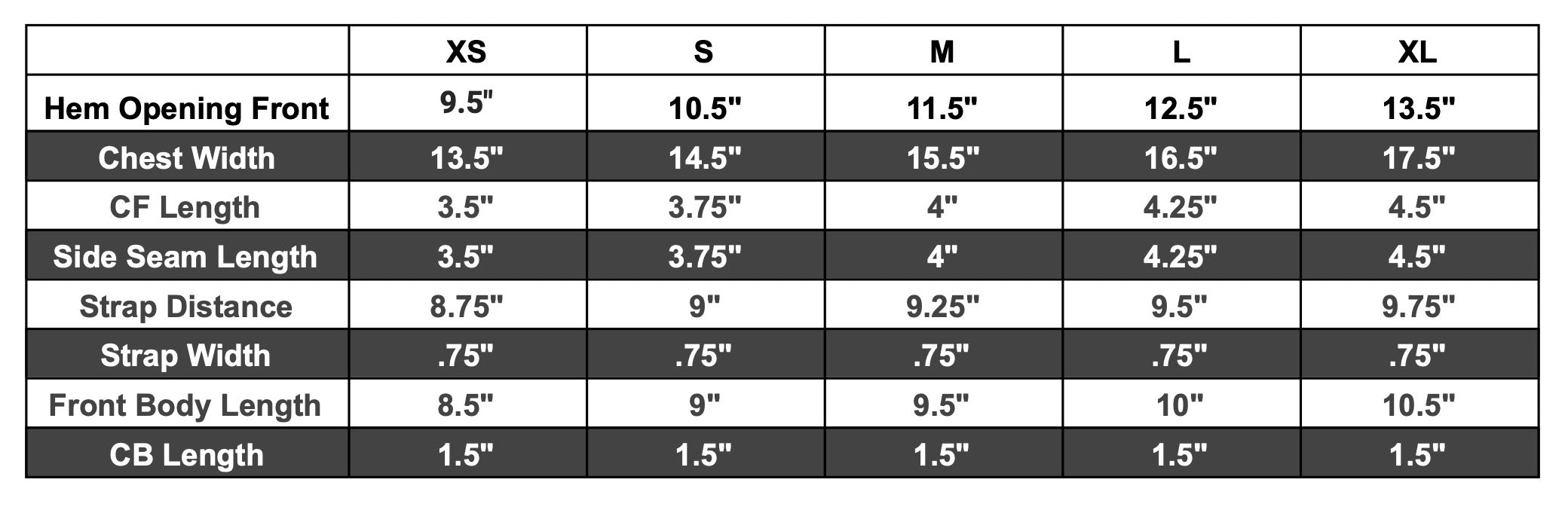 waimea 3D knitted swim top size chart