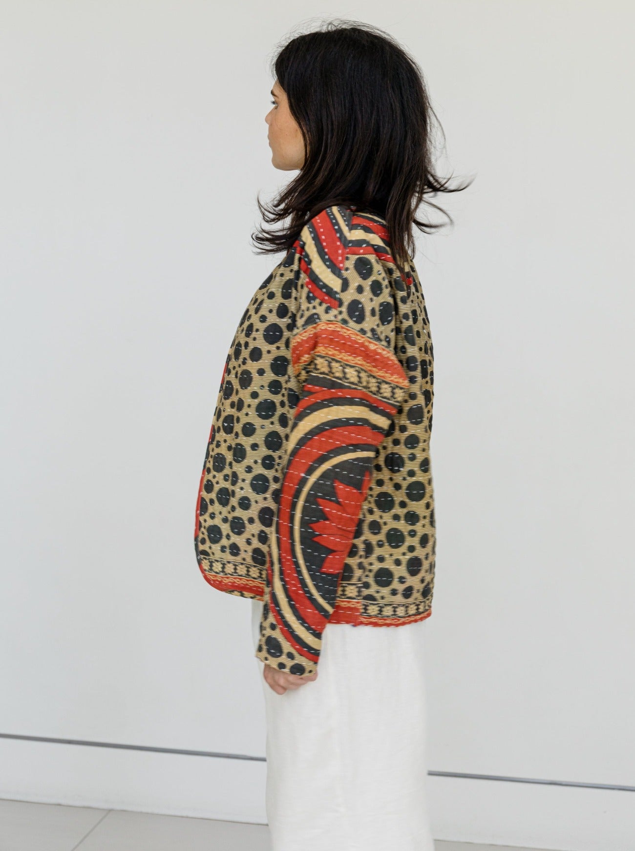 kantha jacket in kelp reversed side view