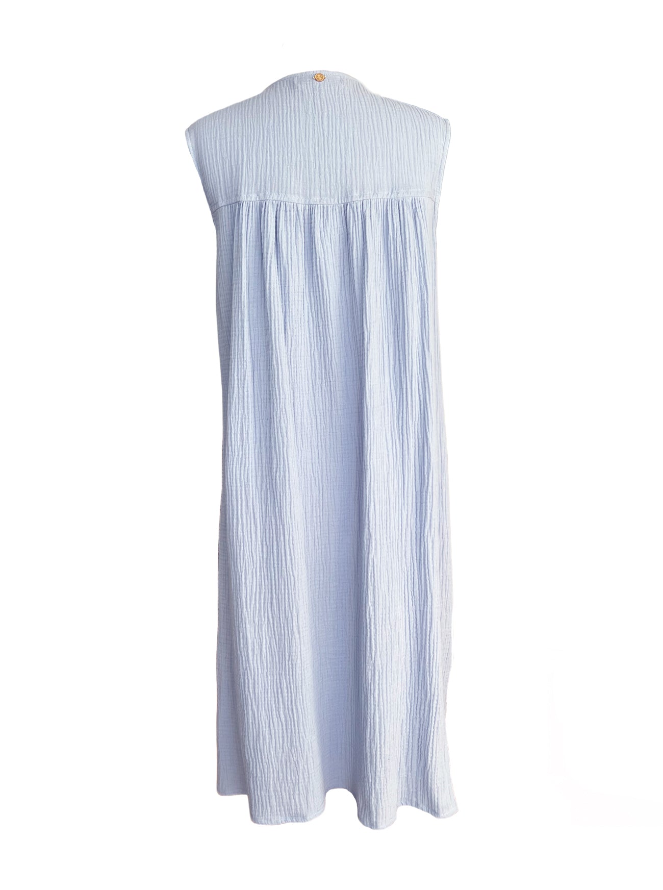 parker periwinkle gauze dress back view