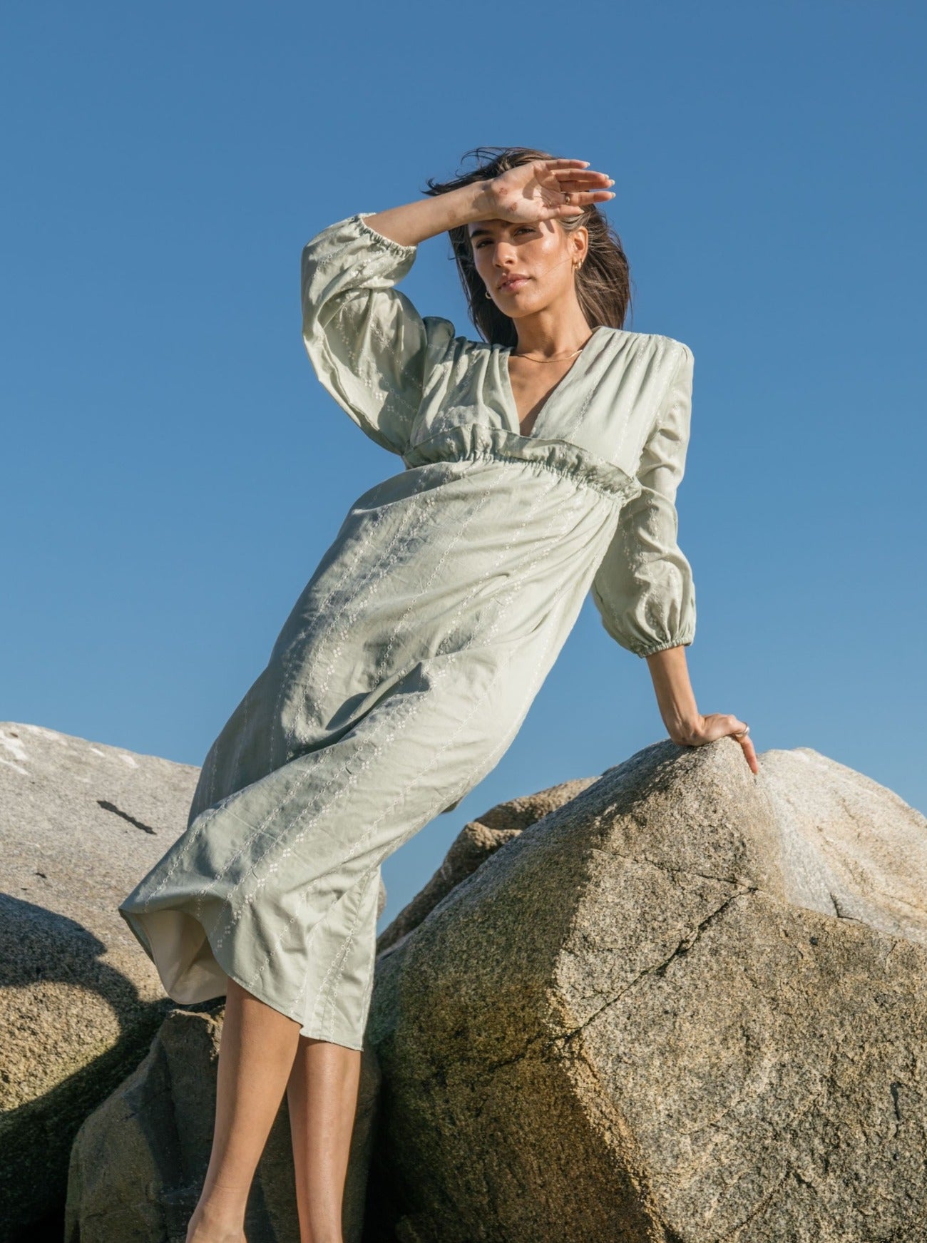 athena sage embroidered empire dress