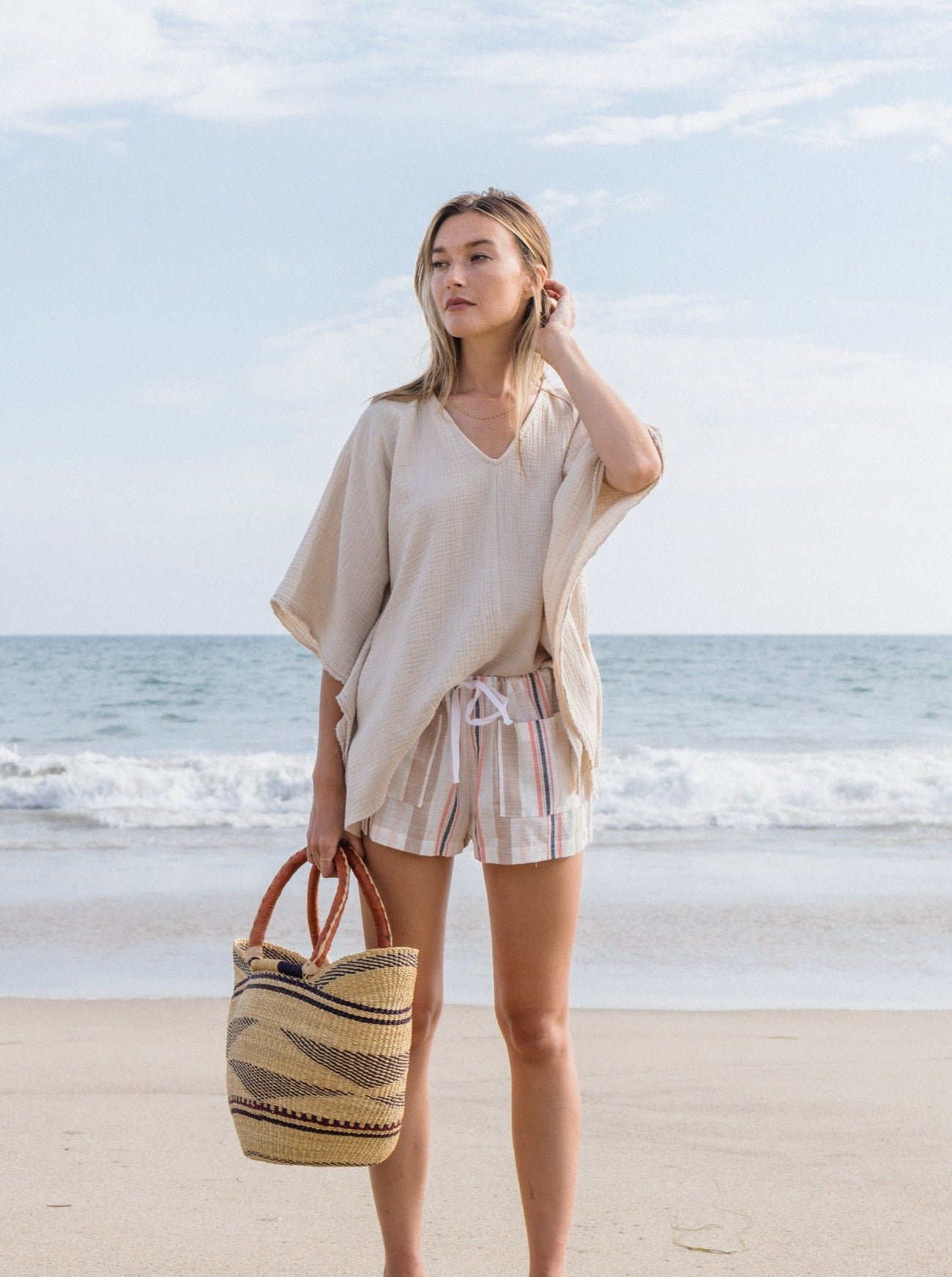beige gauze beach coverup