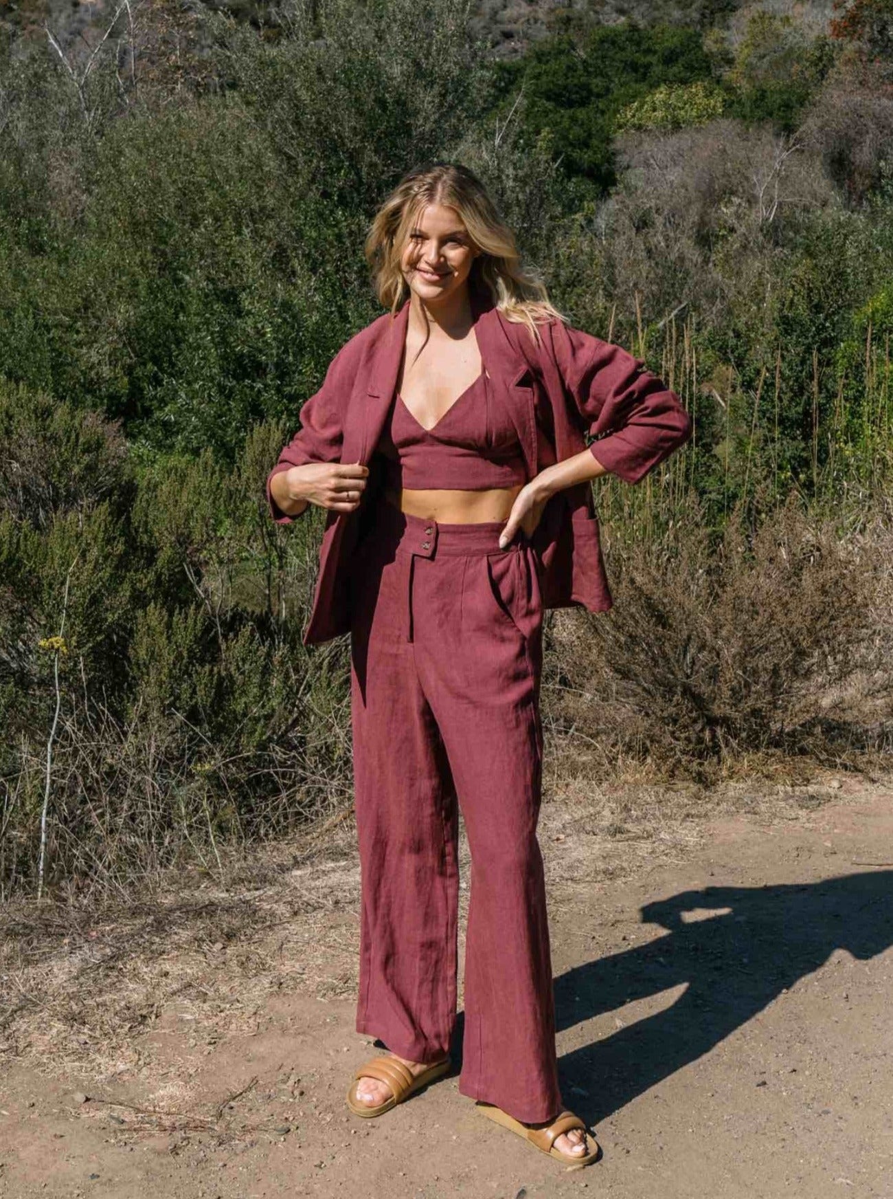 dora claret linen crop top