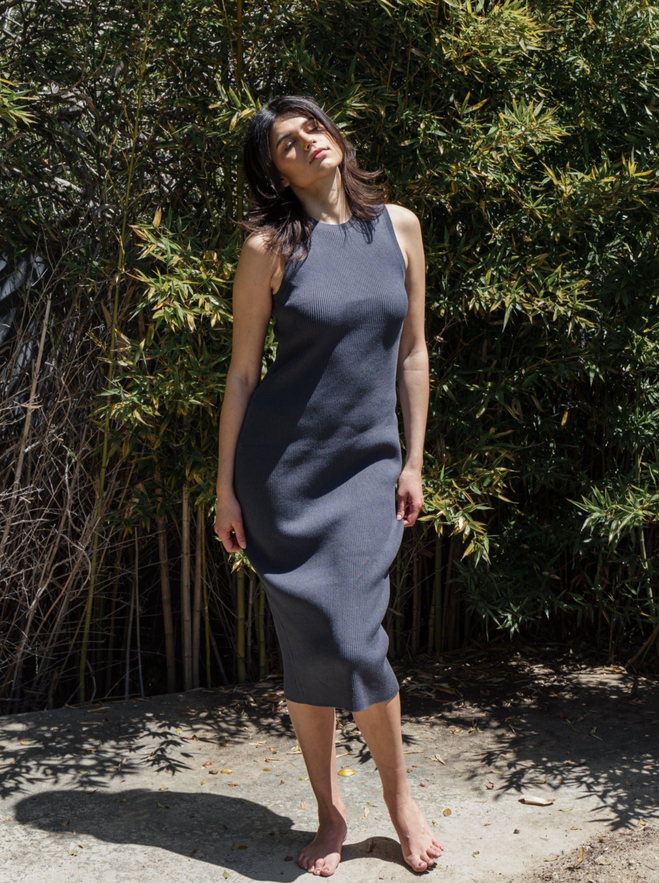 gia slate ribbed midi dress