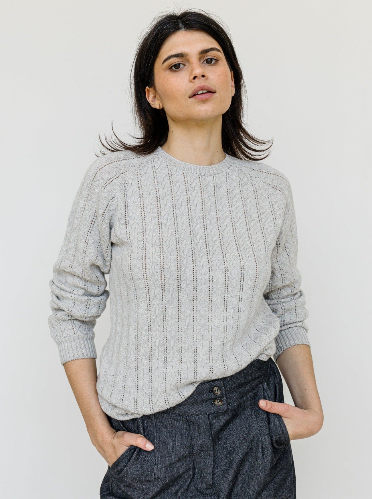 grace pointelle sweater in silver grey