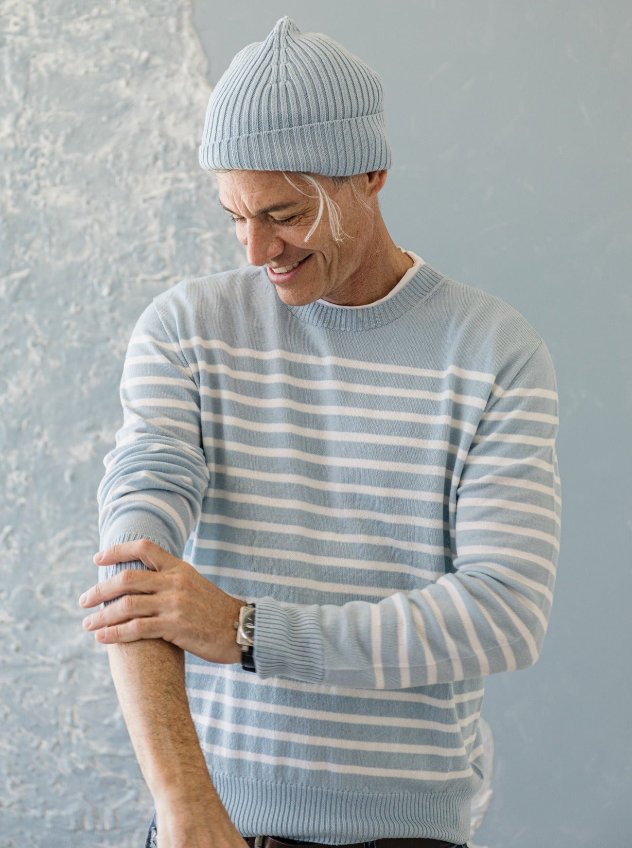 montauk mens stripe crewneck sweater in cloud