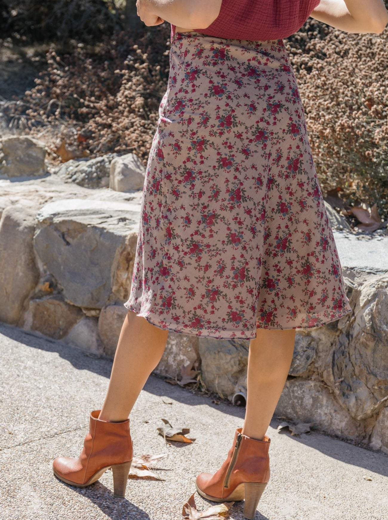 tess taupe rose printed voile skirt back view