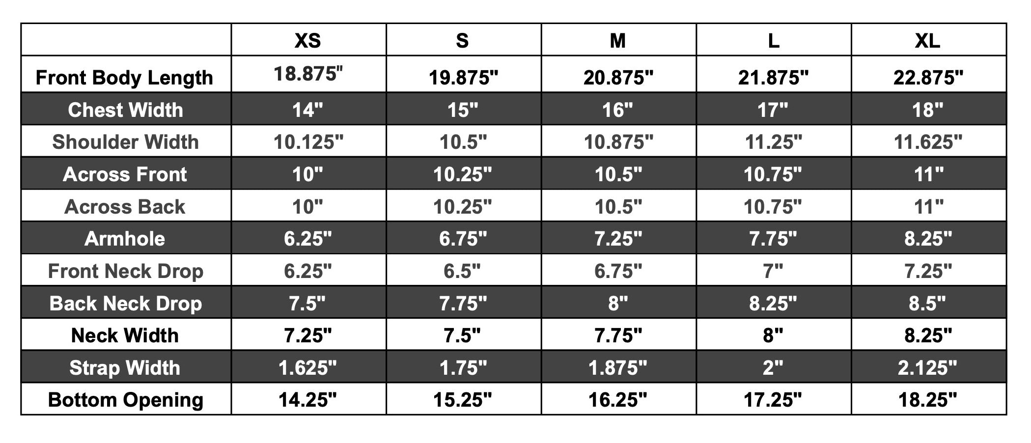cora pointelle tank size chart