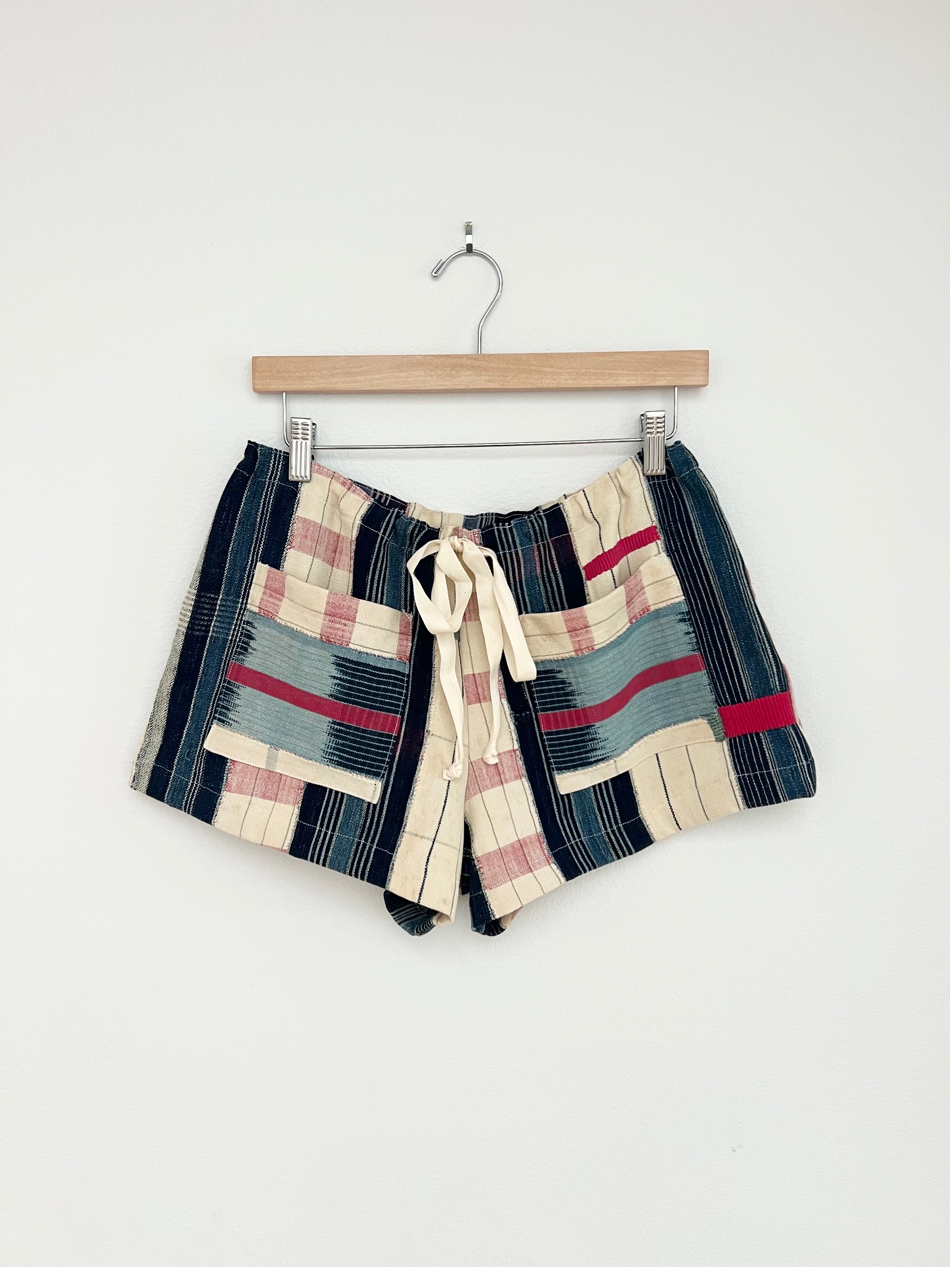 shibori style patchwork drawstring shorts