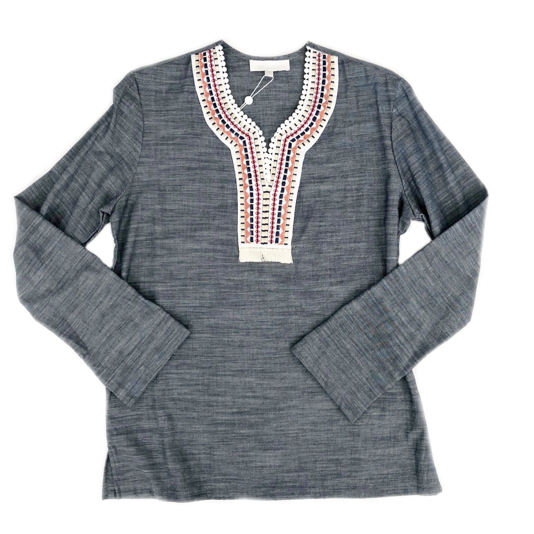 chambray tunic top with white embroidered trim