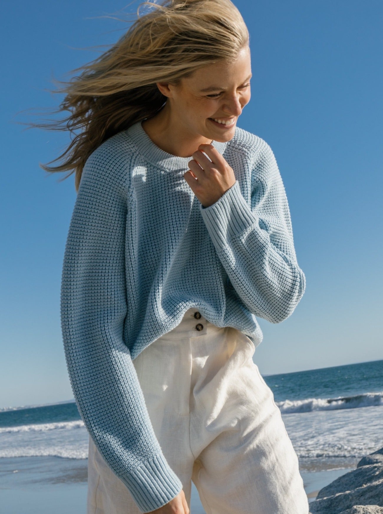 finley cloud blue merino 3D knit wool seamless pullover sweater zero waste fashion